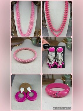 6 Piece Pink Lot Bracelet Set Necklaces Earrings Vintage Retro Colorful Jewelry